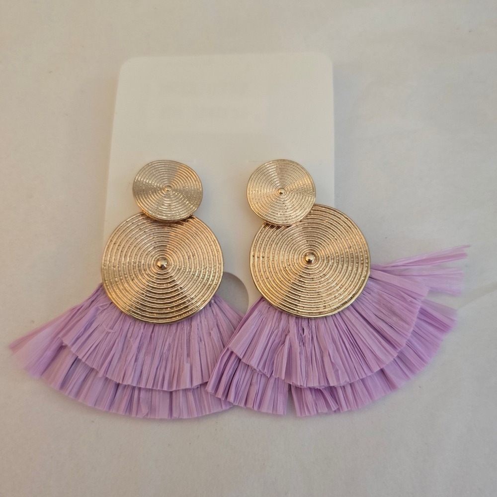 BOHO Chic Lavender Raffia Fan Gold Tone Concentric Circle Drop Earrings NWT